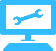 Ein blauer Computermonitor mit einem Schraubenschlüssel-Symbol auf dem Bildschirm.