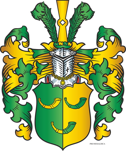 Ein Wappen mit grünen und gelben Elementen. In der Mitte ist ein Schild mit zwei Jagdhörnern, links grün, rechts gelb. Darüber ein Helm mit grünen und gelben Verzierungen und drei grünen Federn.